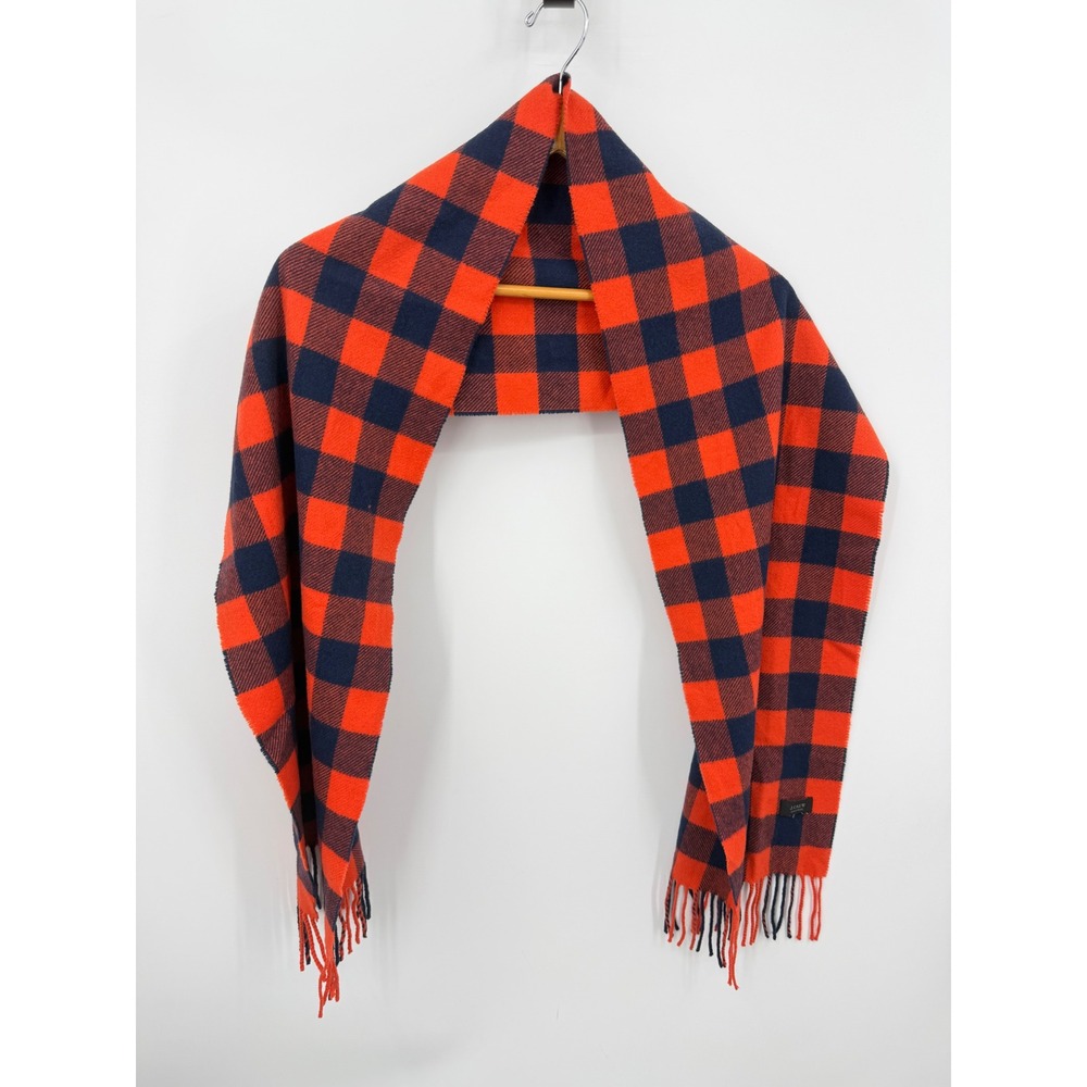 J.Crew Buffalo Check Scarf Mens OS Orange Navy Blue Cashmere Fringed Plaid